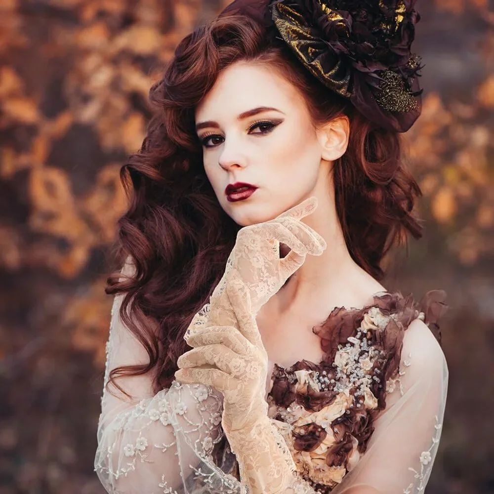 Women Beige Short Tea Wedding Bridal Fashion Opera Halloween Cosplay Lace Gloves - Picture 3 of 7